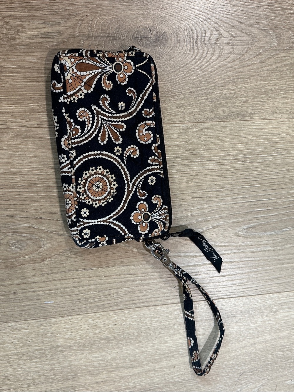 Vera Bradley Black Paisley Quilted Wristlet with Brown Accents